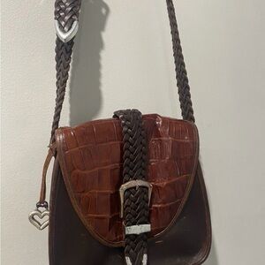 Vtg  1990's Brighton Taylor Brown Leather Croc Saddle Shoulder Handbag Purse Bag